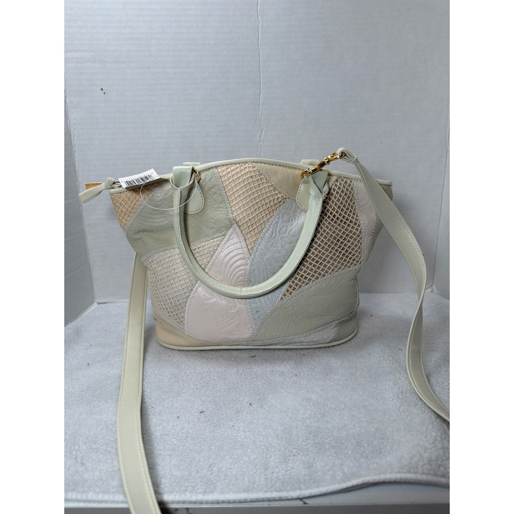 NWT VTG 80s Bonjour Faux Leather Patchwork Crossbody Handbag‎ Cream Beige